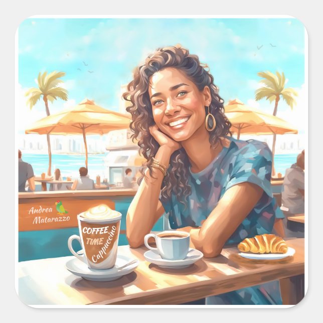 Girl with coffee break square sticker (Front)