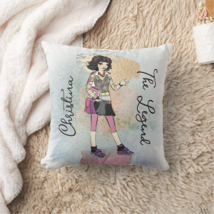Girl With Dark Hair Gold Name Text Throw Pillow