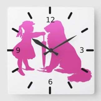 Girl with Dog Nursery Silhouette Gradient Pink Art Square Wall Clock