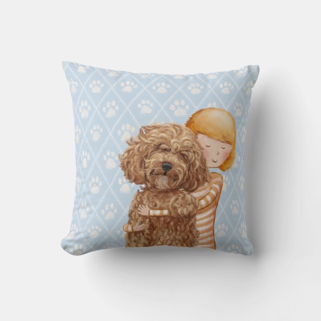 Girl With Dog Paintings / Labradoodle Love Throw Pillow (Front)