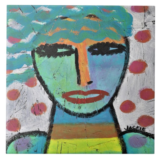 Girl with Dots Abstract Painting on OSB Board Tile (Front)