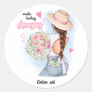 Girl with flowers, digital classic round sticker