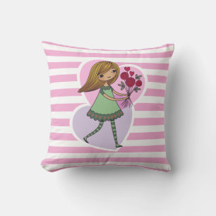 Girl With Flowers Throw Pillow