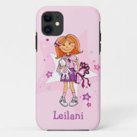 Girl with gift cuddling her white bunny pink name