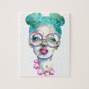 Girl with Glasses Funky Watercolour Art Jigsaw Puzzle