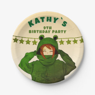 Girl with Green Frog Hoodie Drawing Birthday Paper Plate