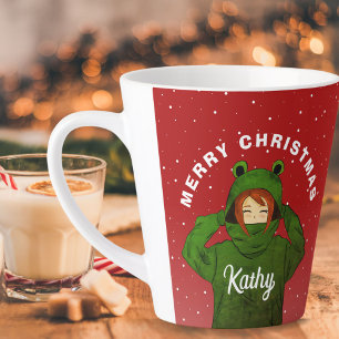 Girl with Green Frog Hoodie Drawing Christmas Latte Mug