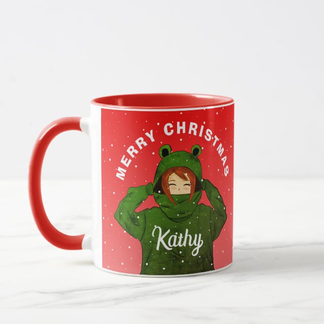 Girl with Green Frog Hoodie Drawing Christmas  Mug (Left)