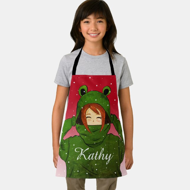 Girl with Green Frog Hoodie Drawing Custom Name Apron (Insitu)