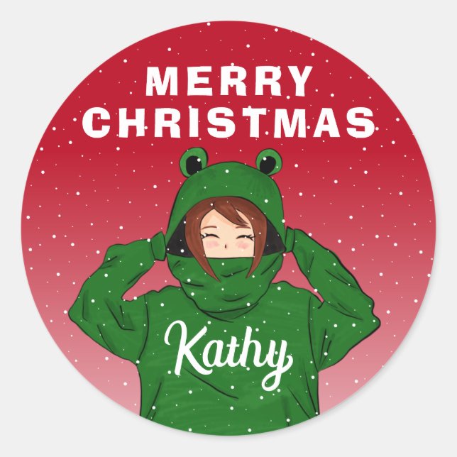 Girl with Green Frog Hoody Drawing Christmas  Classic Round Sticker (Front)