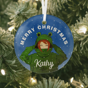 Girl with Green Frog Hoody Drawing Christmas Glass Ornament