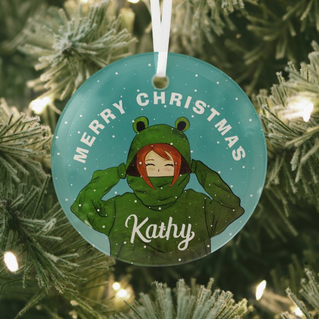 Girl with Green Frog Hoody Drawing Christmas  Glass Ornament (Insitu)