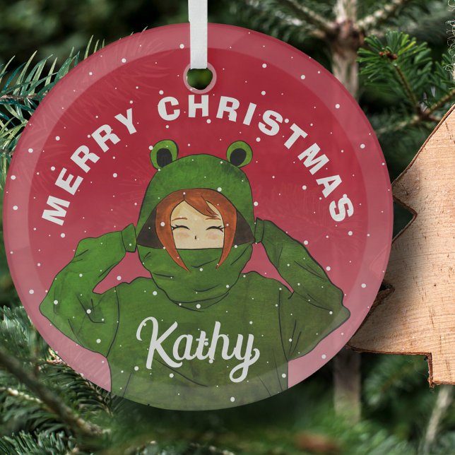 Girl with Green Frog Hoody Drawing Christmas  Glass Ornament (Creator Uploaded)