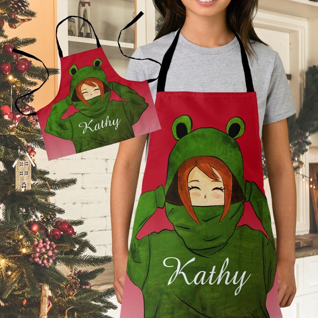 Girl with Green Frog Hoody Drawing Custom Name Apron (Creator Uploaded)