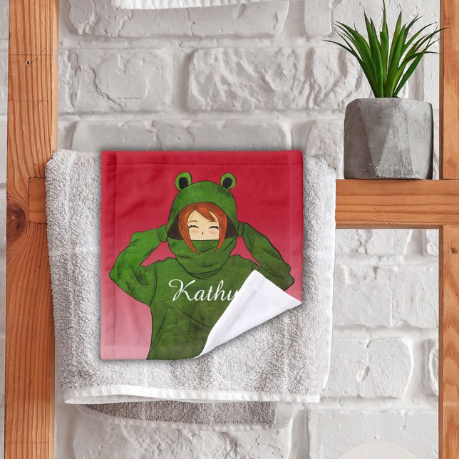 Girl with Green Frog Hoody Drawing Custom Name Wash Cloth (Creator Uploaded)