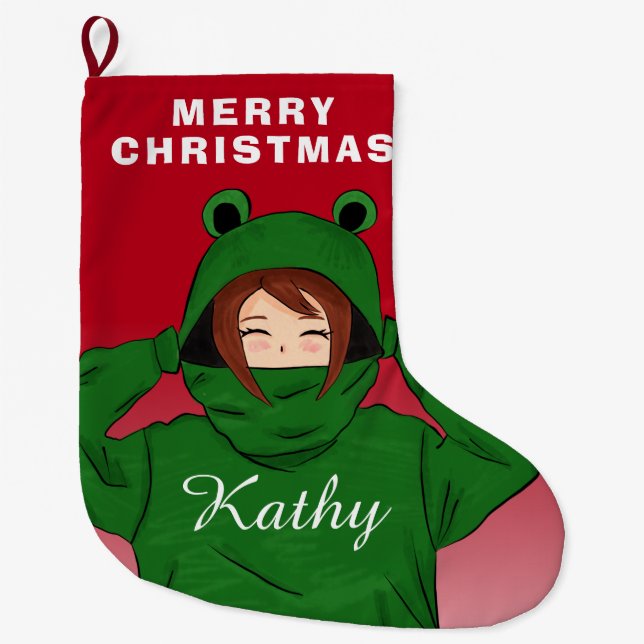 Girl with Green Frog Hoody Drawing  Large Christmas Stocking (Front)