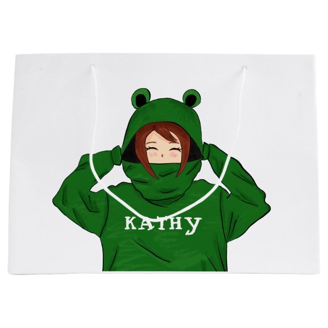 Girl with Green Frog Hoody Drawing  Large Gift Bag (Front)