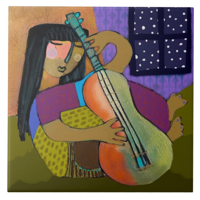 Girl with Guitar Ceram Tile/Trivet (6 inch square) Tile (Front)