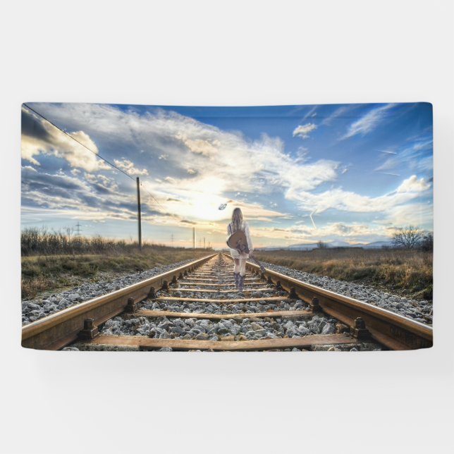 Girl With Guitar on Railroad Tracks Banner (Horizontal)