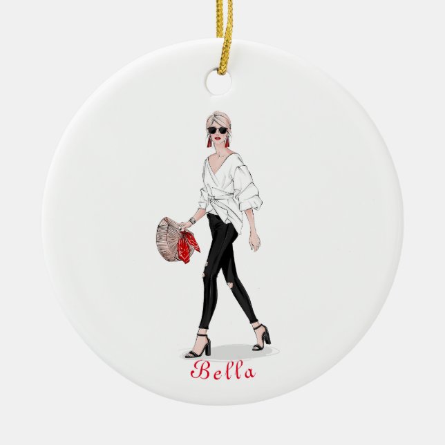 Girl with Hat Paris Fashion Personalized Custom Ceramic Ornament (Front)
