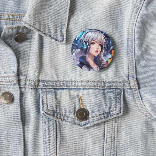 Girl with headphones 2 inch round button (In Situ)