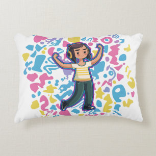 Girl with headphones flexing confident and relax accent pillow