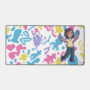 Girl with headphones flexing confident and relax desk mat