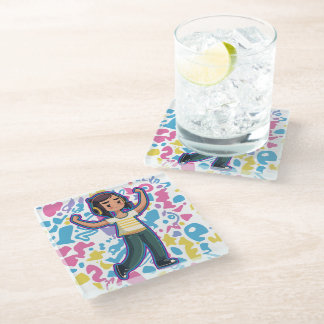 Girl with headphones flexing confident and relax  glass coaster