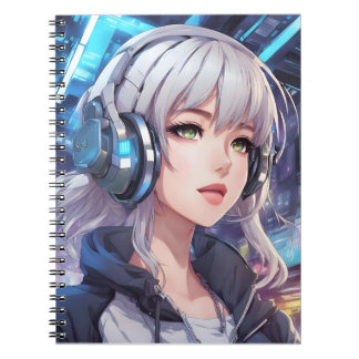 Girl with headphones notebook