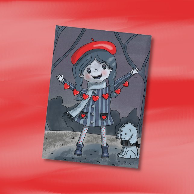 Girl with Heart Garland Valentine's Day Button (Cute girl with red heart garland Valentine's Day button . )