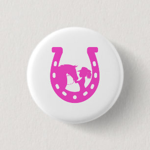 Girl with Horse and Western Hat Hot Pink Horseshoe 1 Inch Round Button