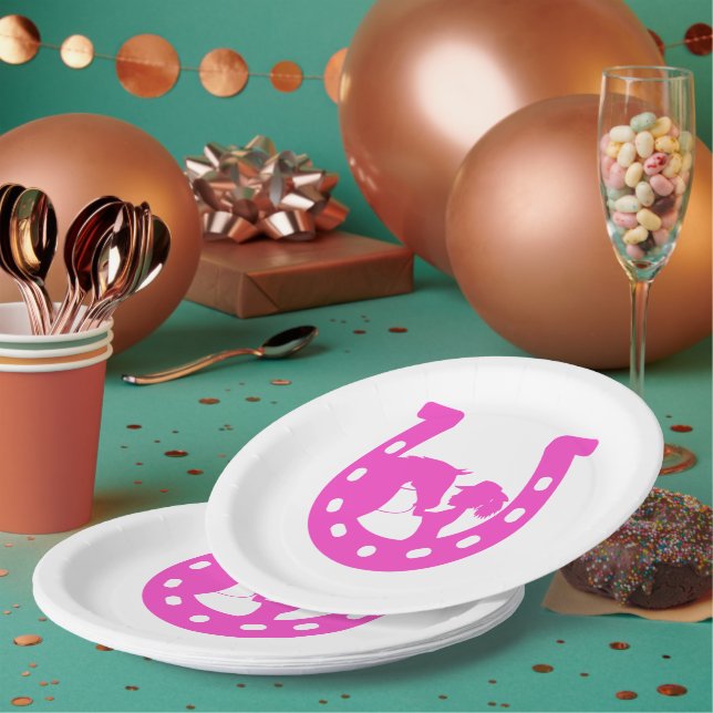 Girl with Horse and Western Hat Hot Pink Horseshoe Paper Plate (Multi)