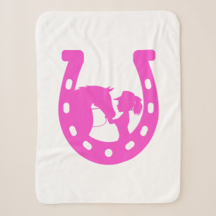 Girl with Horse and Western Hat Hot Pink Horseshoe Sherpa Blanket