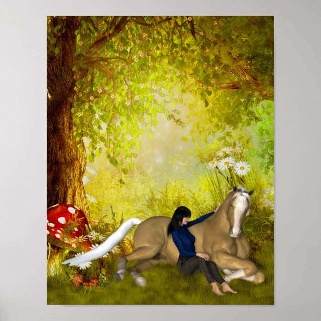 Girl With Horse Flowers Fantasy Art Poster (Front)
