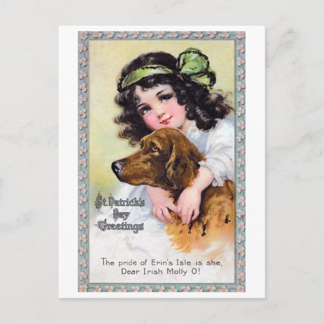 Girl with Irish Setter Dog, Saint Patrick's Day Postcard (Front)
