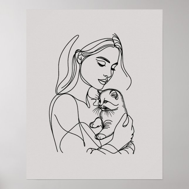 Girl with Kitten - Line Art  Poster (Front)