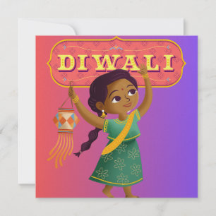 Girl With Lantern Diwali Card Colourful Customize 