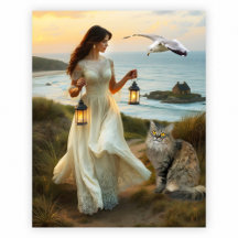 Girl with Lanterns Cat and Seagull Coastal Art