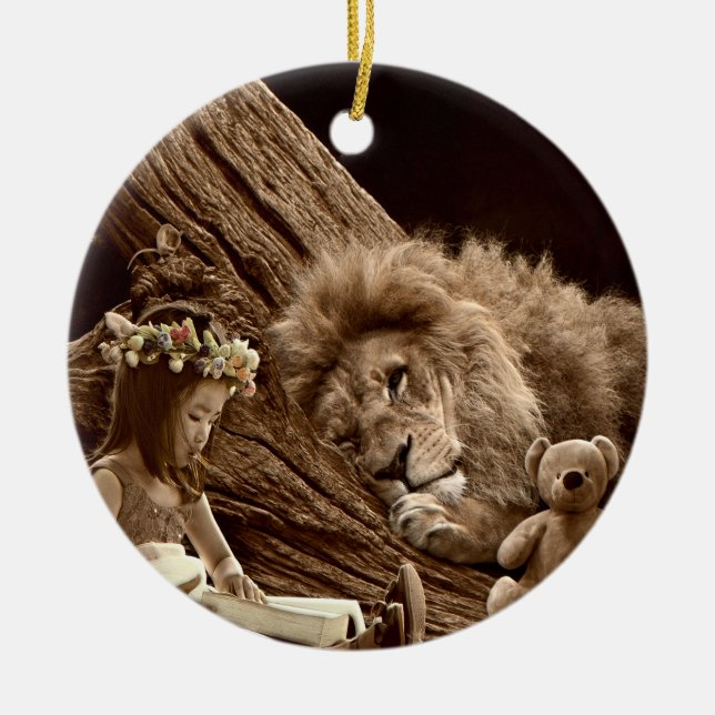 Girl with Lion and Teddy Bear Ceramic Ornament (Front)
