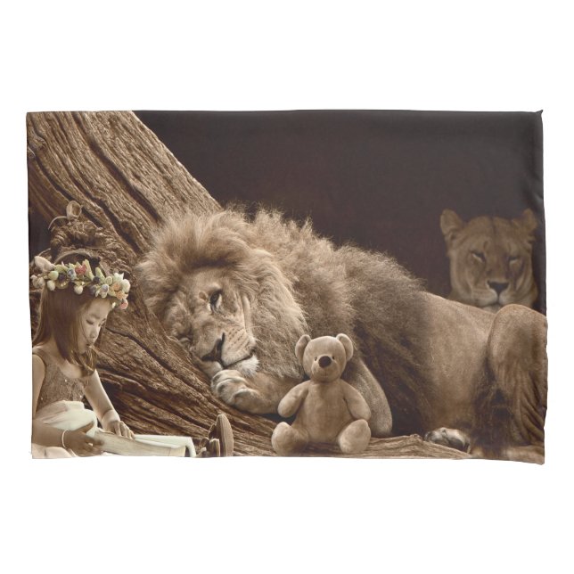 Girl with Lion and Teddy Bear Pillowcase (Front)