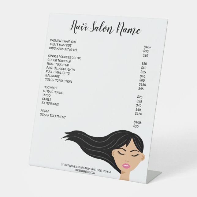 Girl With Long Black Flowing Hair Hairdresser Menu Pedestal Sign (Front)