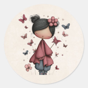 Girl with Magic Wand and Butterflies Classic Round Sticker