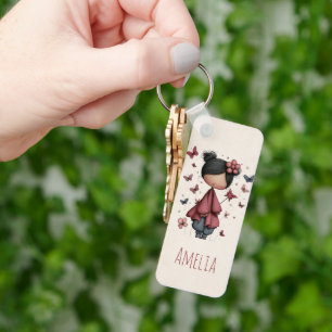 Girl with Magic Wand and Butterflies Cute Keychain