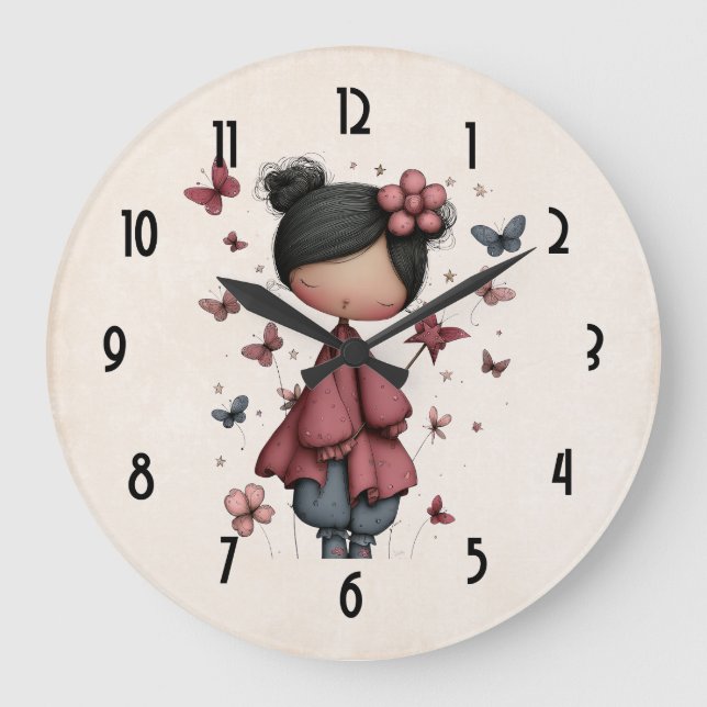 Girl with Magic Wand and Butterflies Cute Large Clock (Front)