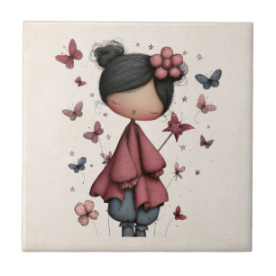 Girl with Magic Wand and Butterflies Cute Tile