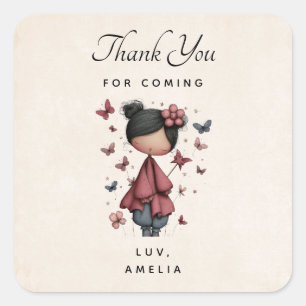 Girl with Magic Wand and Butterflies Thank You Square Sticker