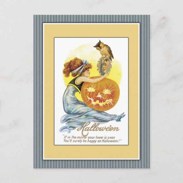 Girl with mirror, pumpkin and owl postcard (Front)