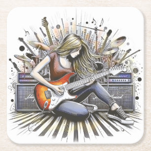 Girl with musical vibes square paper coaster
