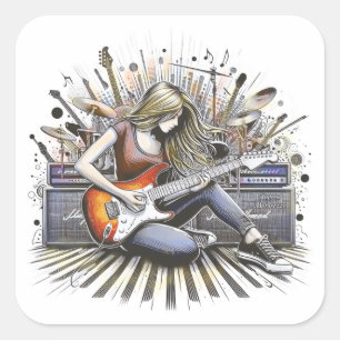 Girl with musical vibes square sticker
