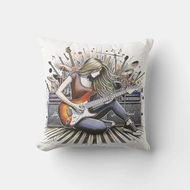 Girl with musical vibes throw pillow (Front)
